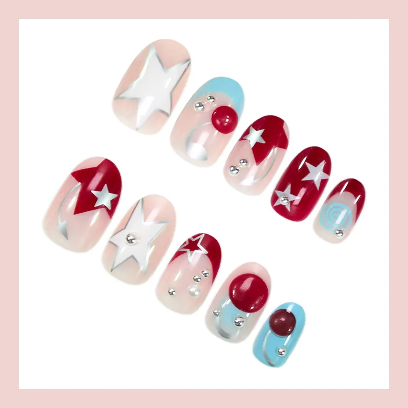 24 SZT. Paznokcie Sztuczne 3D Jabłko Gwiazda Urocze Migdałki Kolorowe Kropki Wzór Francuski Paznokcie Naklejane Słodkie Nude Do Noszenia Paznokcie Sztuczne