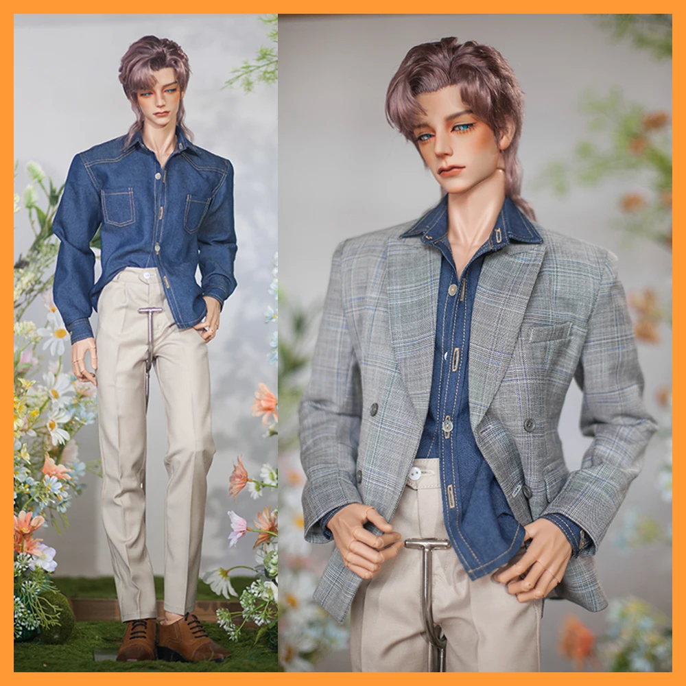 Custom-made 1/3 BJD Dolls Fashion Grey Plaid Casual Suit Coat Dark Blue Denim Shirt Clothes Model for soom ID75 YC76 ID72/EID