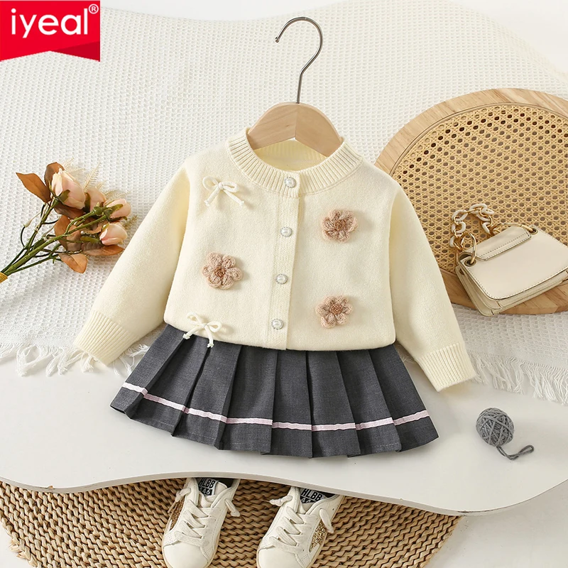 

IYEAL Baby Girl's Spring Autumn Flower Sweater 2Pcs Children's New Korean Version Long Sleeved Knitted Top+ Fold Skirt