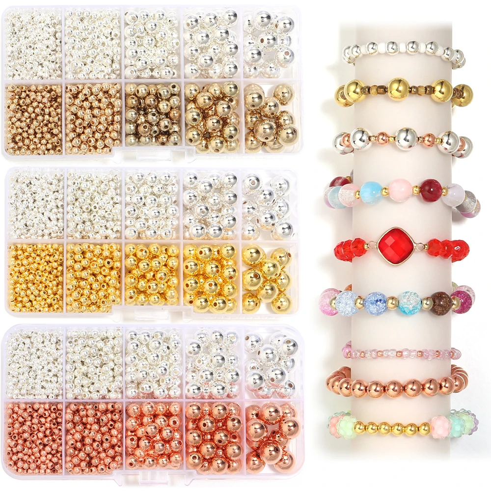 

1200pcs 3-10mm CCB Gold Silver Color Spacer Beads Set Box Round Loose Beads Charms Kit for Craft Making DIY Bracelet Necklace