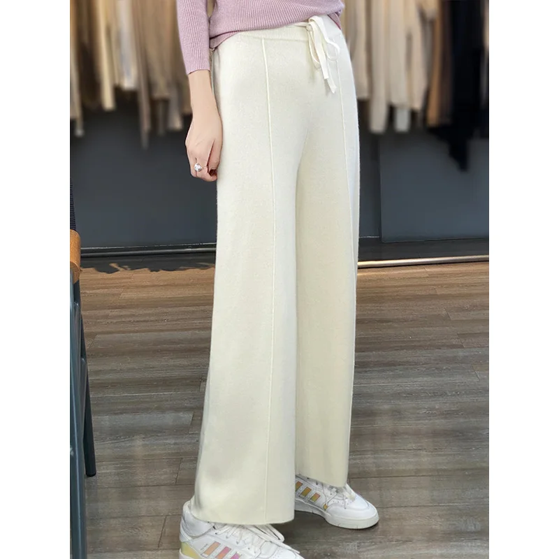 LDZWSM 100% wool pants women's sewing knitted winter wide-leg pants thick Maillard gaiden cashmere pants women wear outside