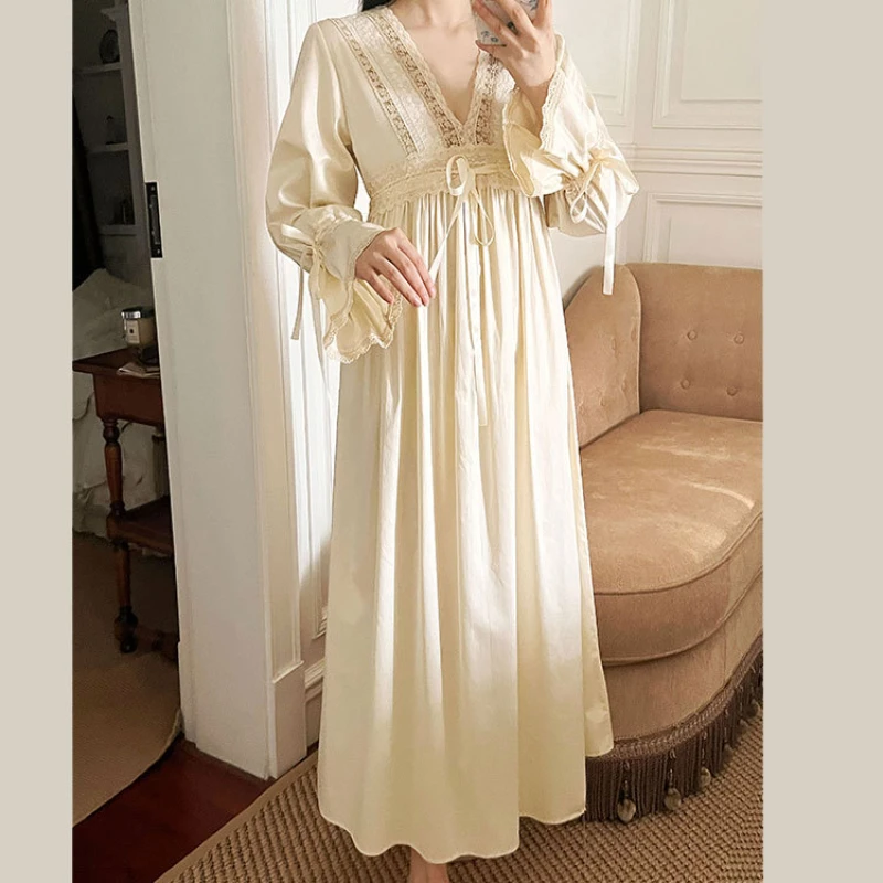 Pure Cotton Vintage Nightgowns Women Autumn Apricot Long Robe Nightie Night Dress Wear Victorian Nightdress Princess Sleepwear