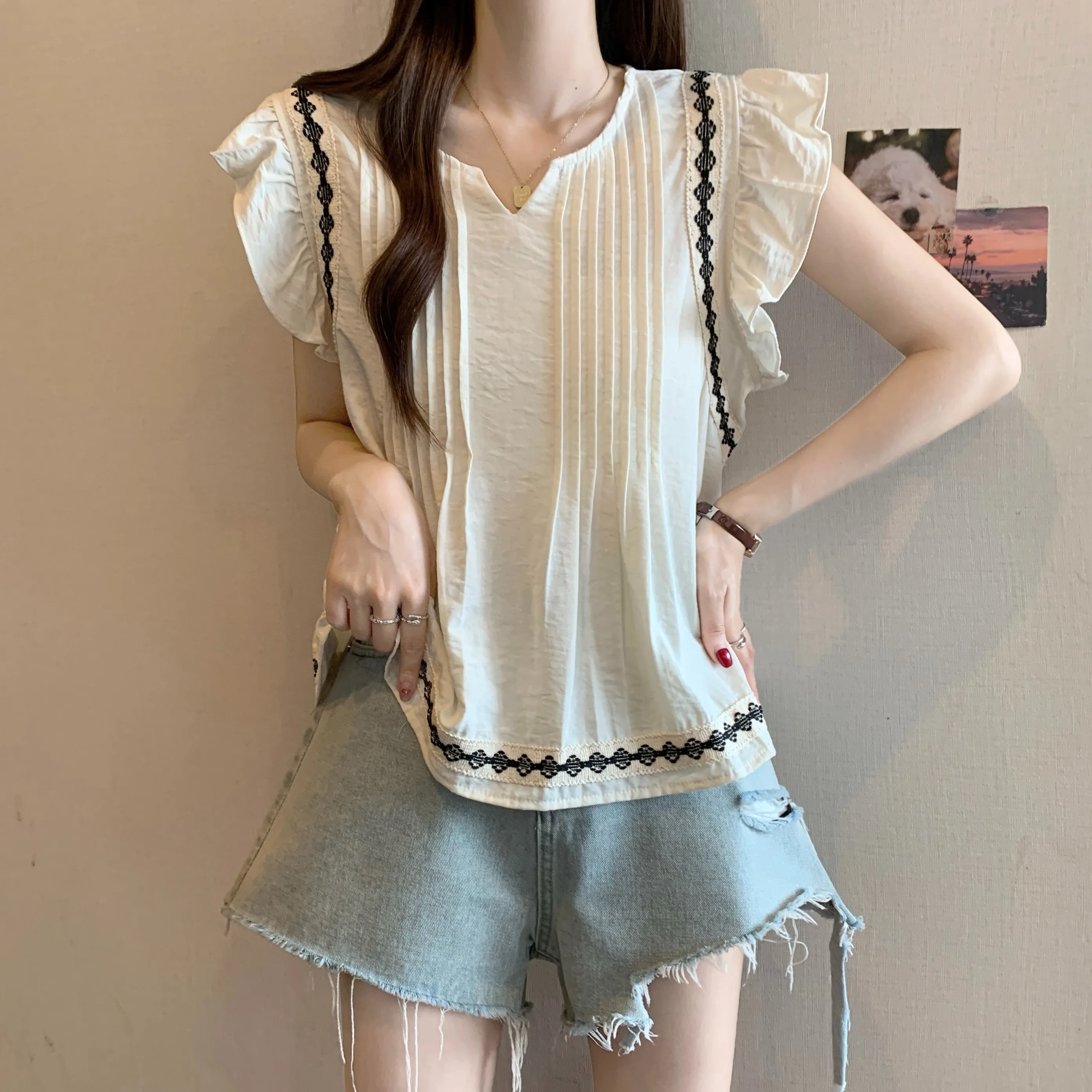 

2025 Blue V-ne irt Women's Summer plus Size Doll irt Ethnic Sle Top Lace Trimmed Flng Sves Korean Sle Loose Fit