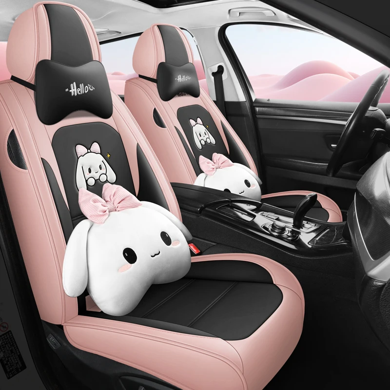 

Cute Cartoon Car Seat Cover Cushion Women Universal Dust Proof Four Season Non Slip Leather Rabbit Pillow Auto Interior Decor