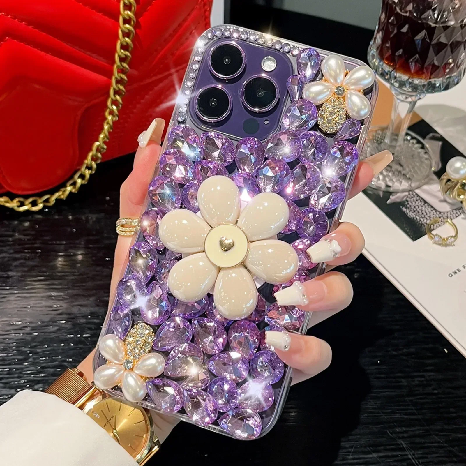 Jewelled Phone Case with Diamond Chain Holder, Anti-Scratch Cover for Xiaomi 12 13 14 and Redmi Note 10 11 12 13