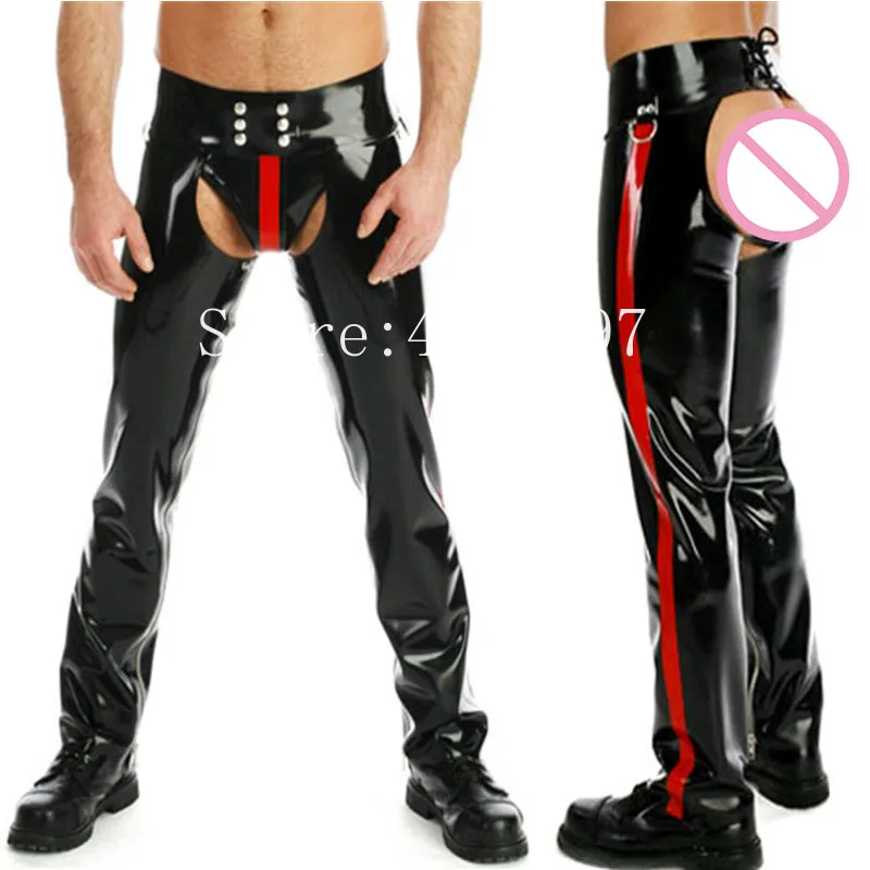 

Nature Handmade Latex Pants Black with Red Rubber Long Trousers Crotchless Hip Open Custom Made with Underwear for Men