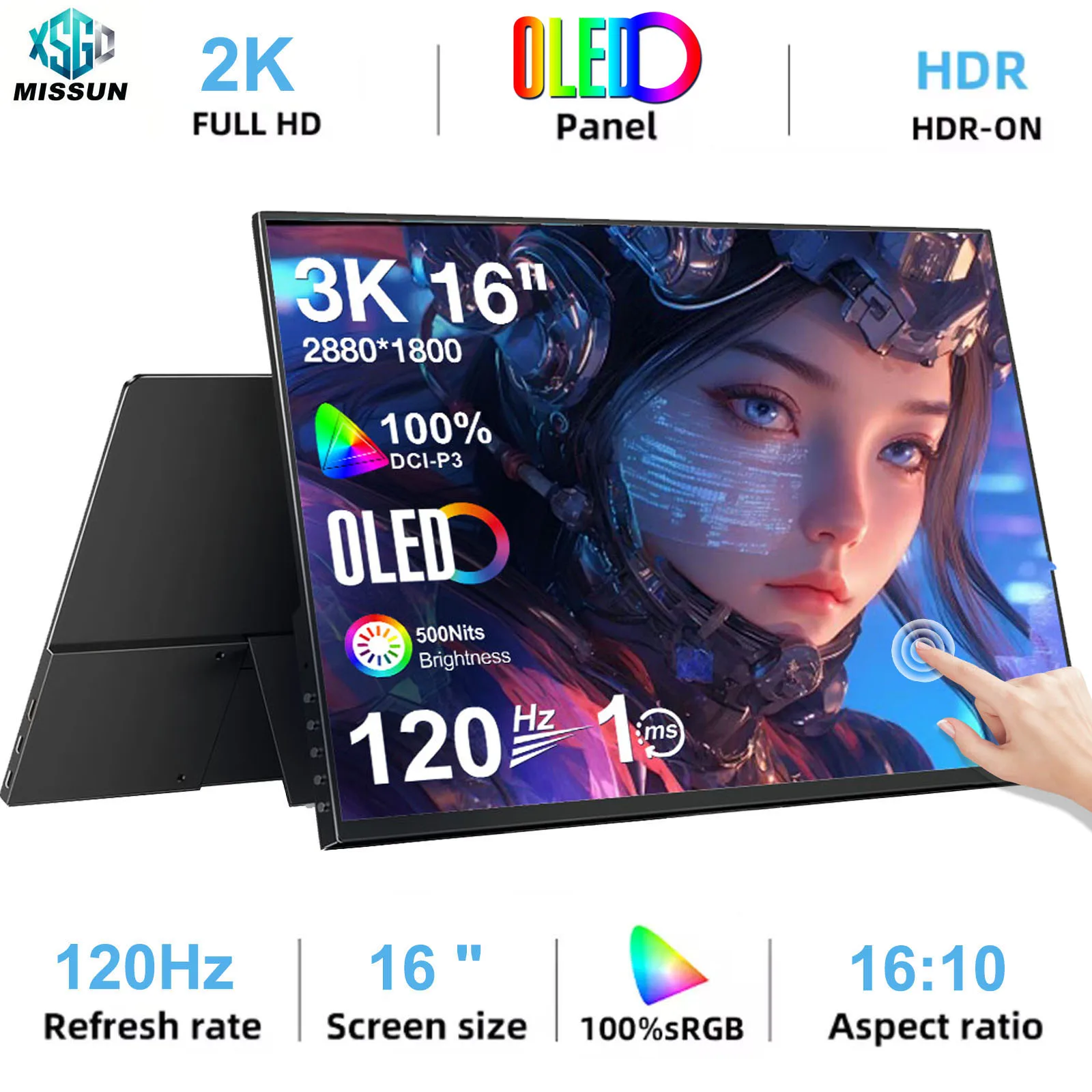 16.0Inch 2K OLED Touch Screen Portable Monitor 1280P 400Nit USB-C HDMI-Compatible External Gaming Monitor for Xbox Switch Laptop