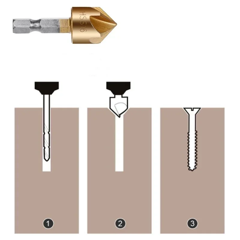 6pcs HSS Chamfer Drill Bit Hex Shank Titanium Plated Five-blades Woodworking Reaming Countersink Drill Set 6 8 9 12 16 19mm