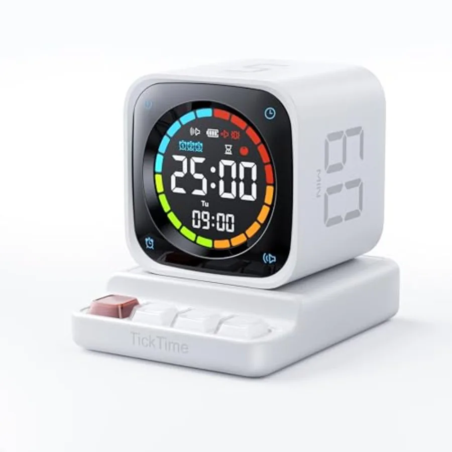 

TK3 Pomodoro Timer Cube, Desk Productivity Timer with 5/10/30/60 Min Presets, Custom Countdown, Stopwatch, Clock, 3 Alarm, Sile