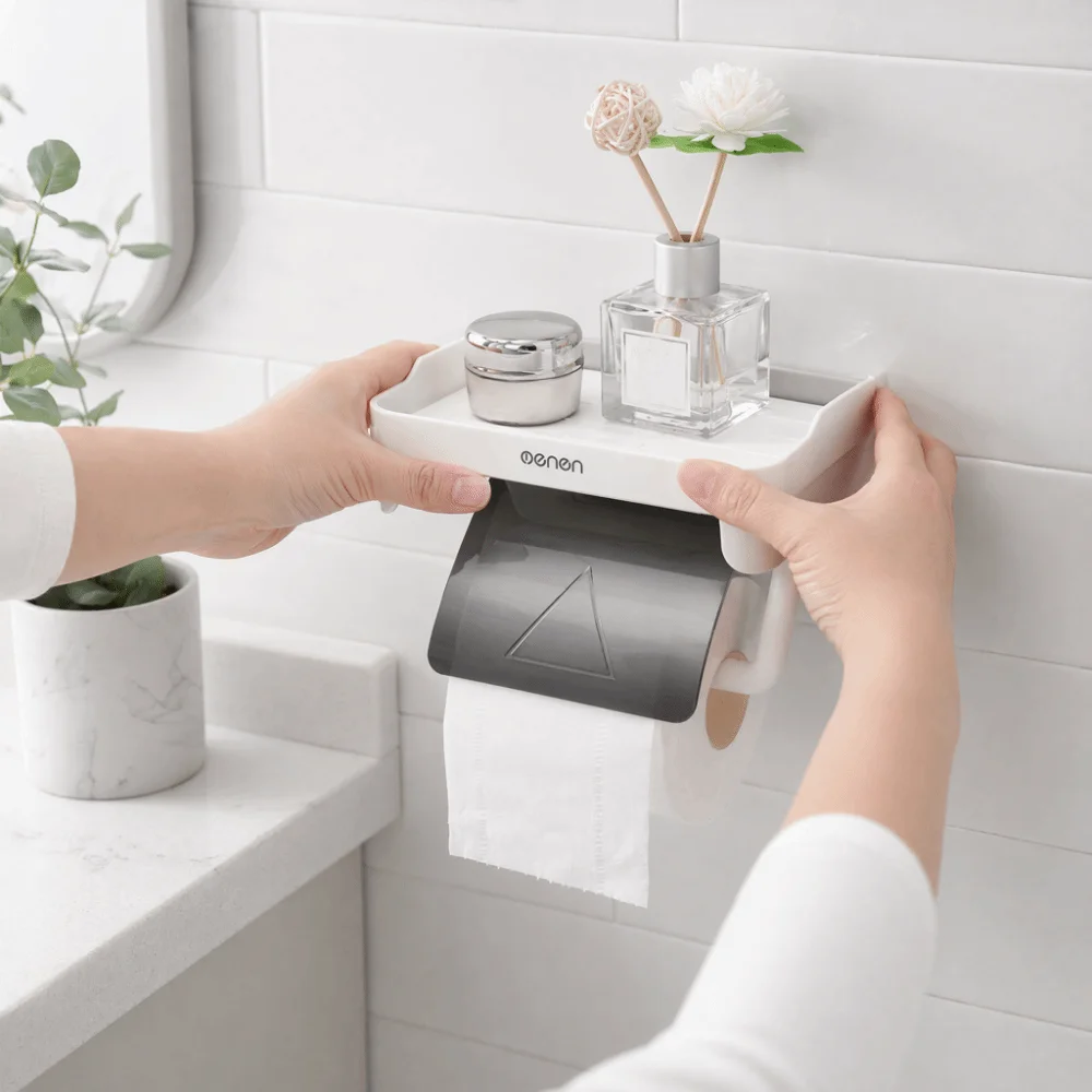 suporte-de-papel-toalha-de-plastico-montado-na-parede-com-prateleira-suporte-de-papel-higienico-autoadesivo-a-prova-d'Agua