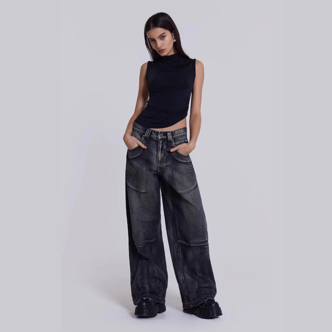 

Europe and The United States Wash To Do Old Gradation Wing Printing American Retro New Loose Wide-leg Denim Pants Women Jeans