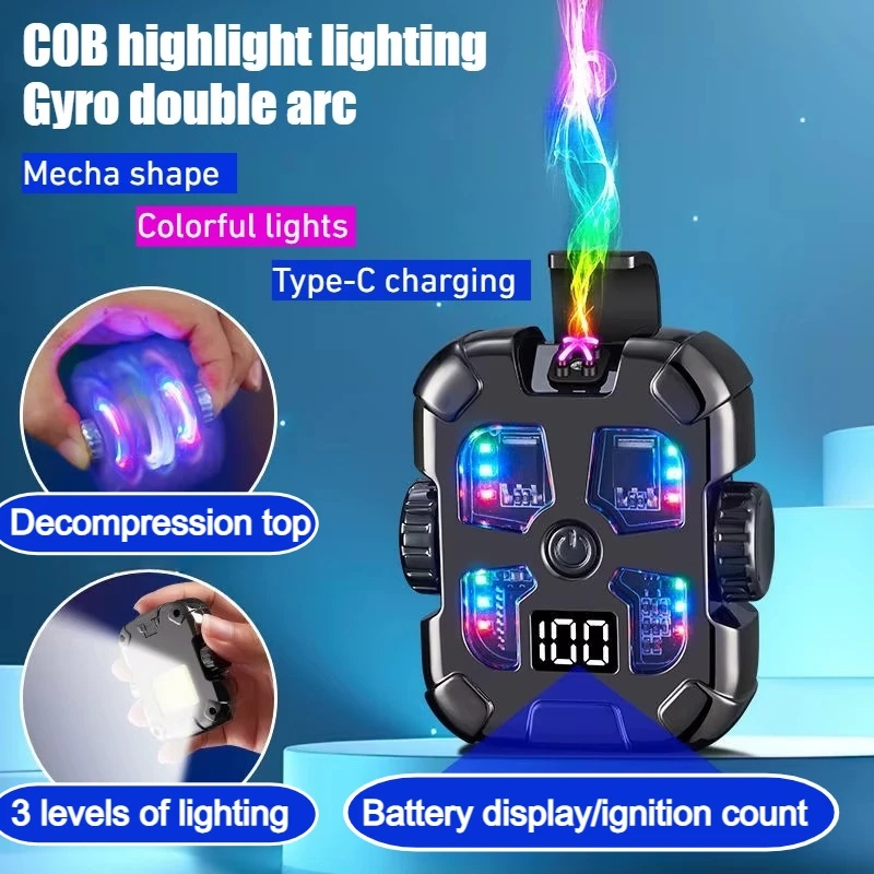 

Mecha Style Gyroscope Double Arc Charging Lighter with Lighting Colorful Light Type-C Electric Lighter Men's Decompression Toy