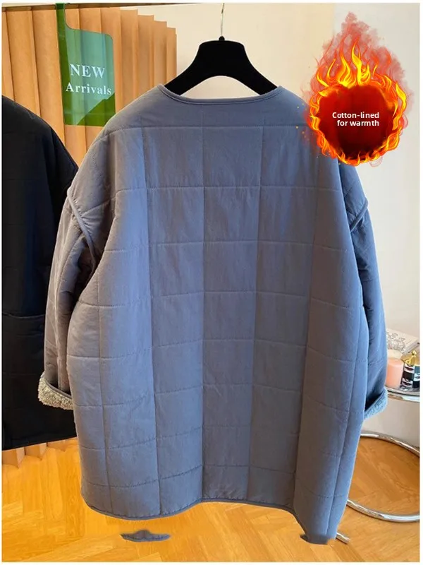 سترة قطنية مبطنة بفرو الضأن مقاس كبير للنساء شتوية متوسطة الطول كبيرة الحجم Fce سترة مفتوحة دافئة غير رسمية طويلة Sve #4