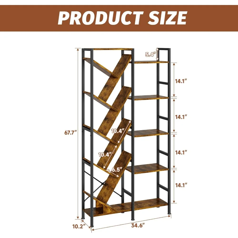 رف كتب خشبي عريض مكون من 5 طبقات - تخزين على الطراز الصناعي مع 14 رفًا، وخزانة كتب كبيرة عتيقة #2
