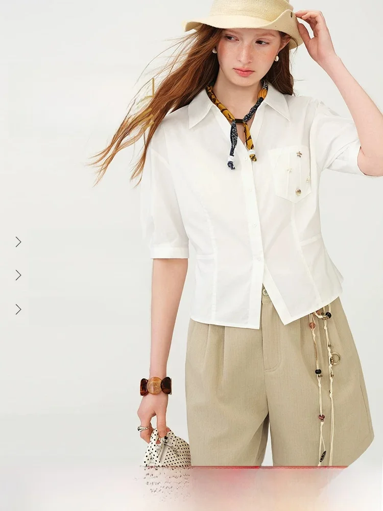 

Slimming Effect V-Neck Women's Shirt Van Slane Summer New Style Salt Holiday 3D Waist Cinching Cotton Blend Shirt