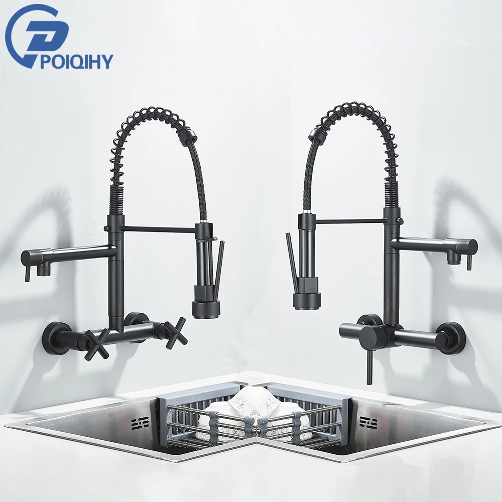 Black Kitchen Faucet 360 Rotation Pull Down Hand Sprayer with Buckle Kitchen Taps Wall Mounted Cold Hot Water Mixer Taps Chrome