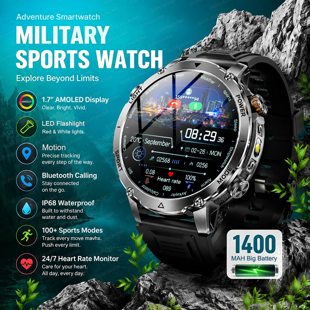Nouvelle montre connectée militaire 2026 pour hommes, 1400 mAh, alerte satellite SOS, montre de sport robuste étanche IP68, pour la randonnée, le suivi d'activité en extérieur, bracelet d'appel Bluetooth