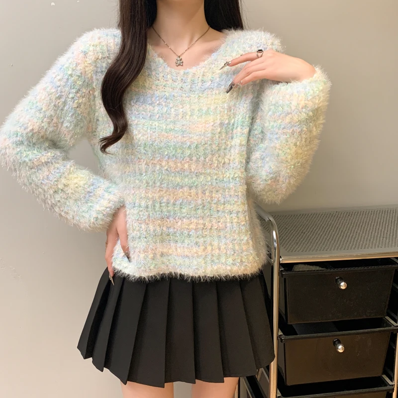 

Осень-зима, мягкий свободный свитер ручной вязки с v-образным вырезом, выделенный цвет волос, Camere, универсальный сказочный топ, женская мода