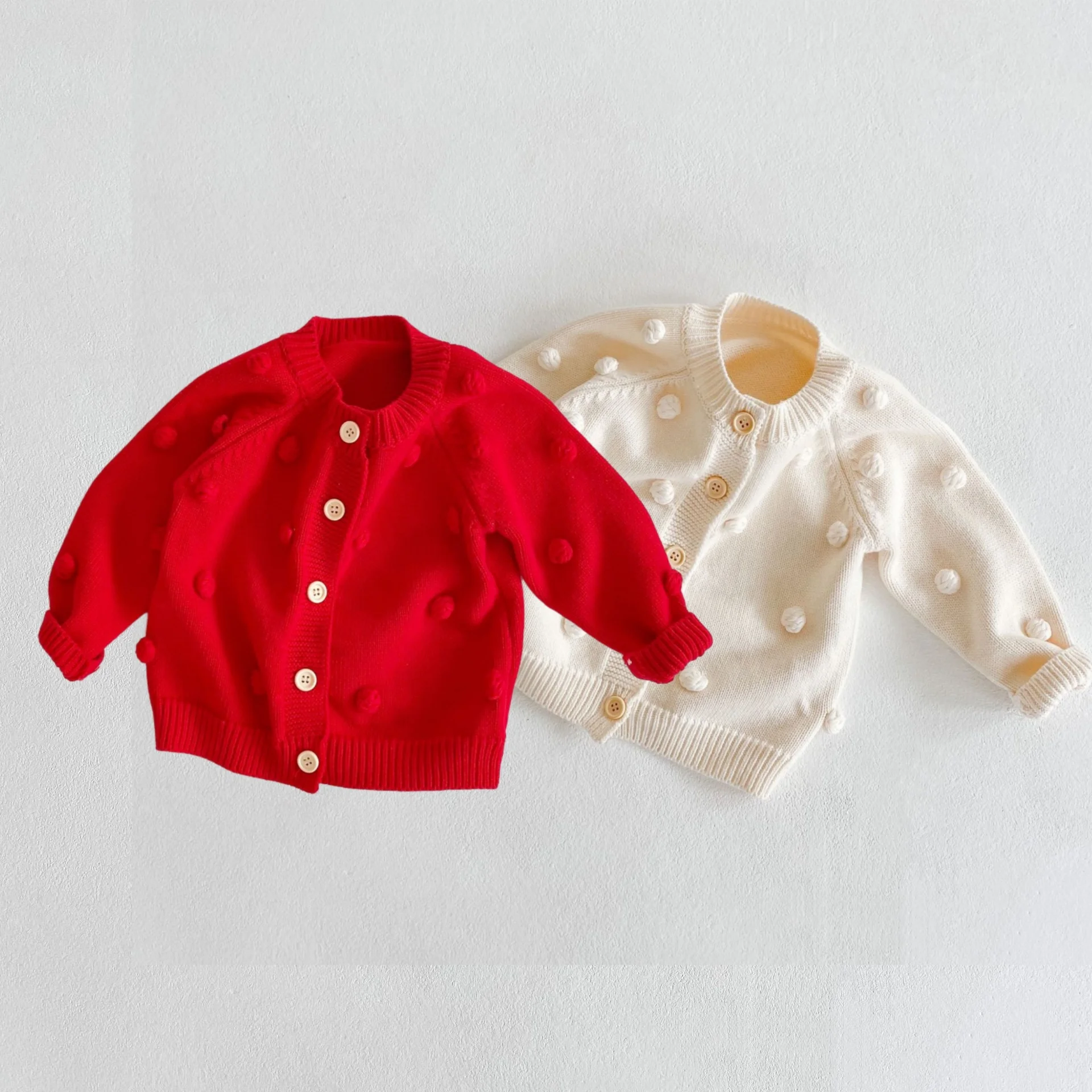 

2025 Baby Girl New Year Cotton Knit Cardigan Sweater Coat Christmas Festival Outfit 0-3Y Pom Poms Button Down Knitted Outerwear