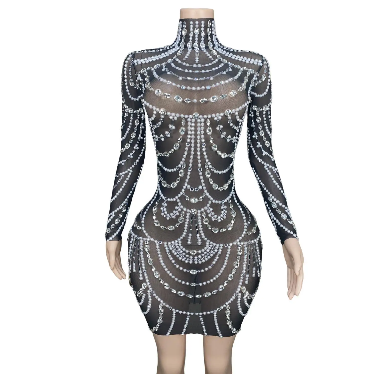 Fashion Rhinestone Crystal Prom Club Mini Dress Elegant Ladies Stage Dance Dress Plus Size Sexy Bodycon Casual Dress for Women