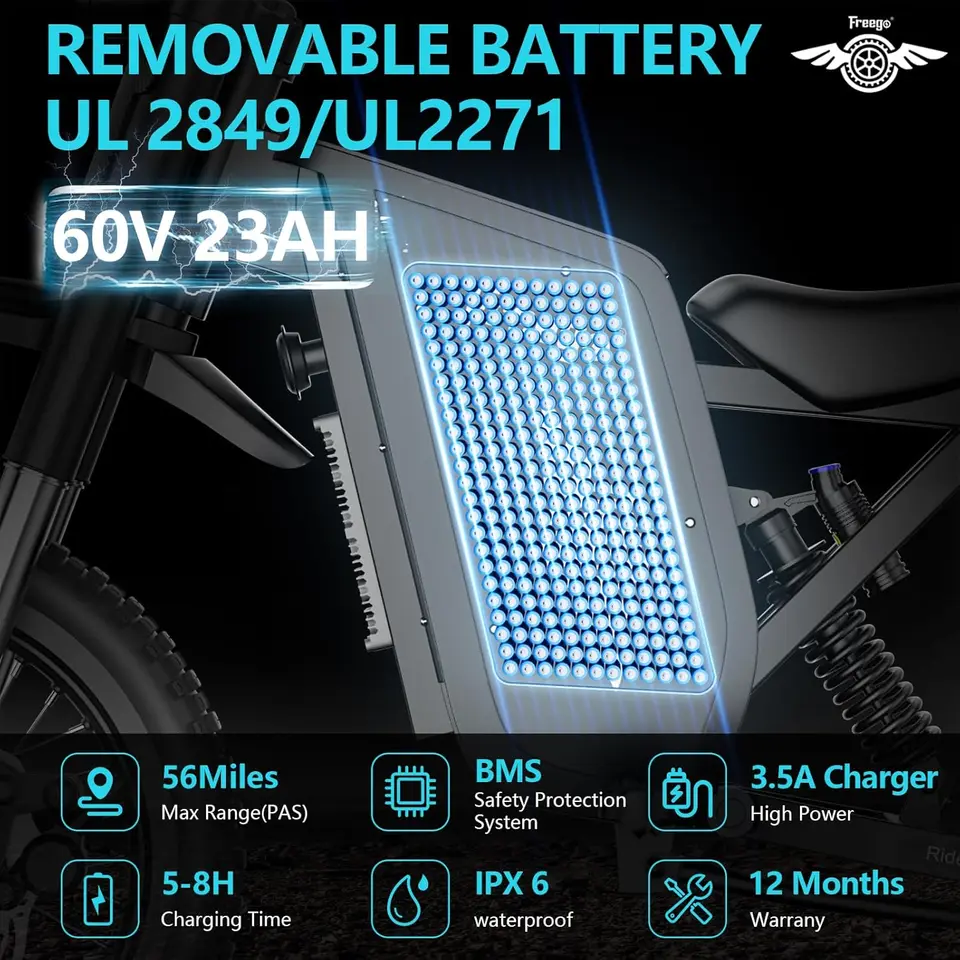 Freego X0 Electric Dirt Bike 3600W Motor 60V 23Ah Battery E Bike 14/10"Tire 40MPH Dual Hydraulic Disc Brakes Electric Motorcycle image 5