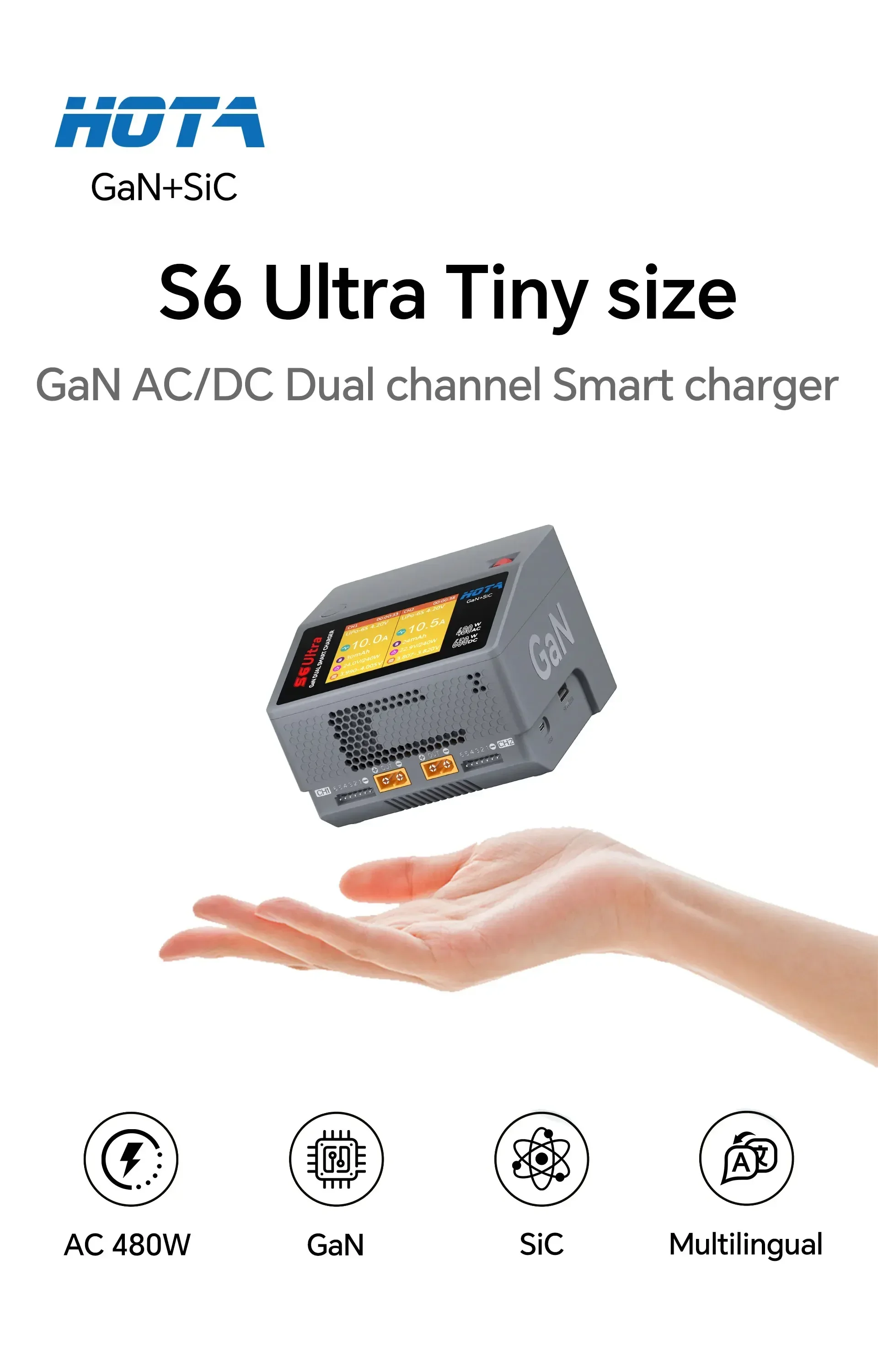 HOTA S6 Ultra Dual Channel Charger, AC 480W DC 650W for 1-6S LiPo, Fast Balance Charging for FPV Drone RC Car Airplane Batteries