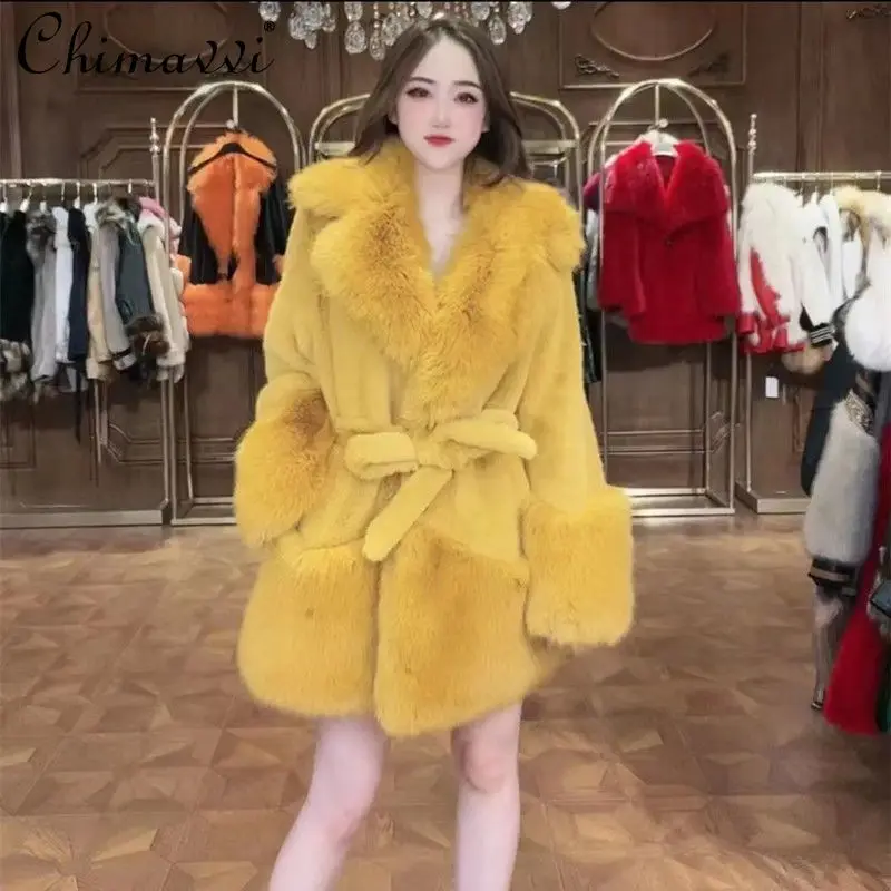 Fashion Heavy Big Fur Collar Lace-up Waist Mid-Length Faux Fur Coat 2022 New Winter High-End Elegant Sweet Slim Warm Jacket