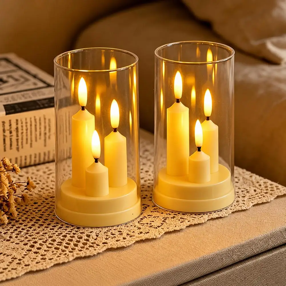 3 In 1 Electronic Flameless LED Candle Light Transparent Glass Cup Battery Operated Flickering Candle Lamp For Table Home Decor