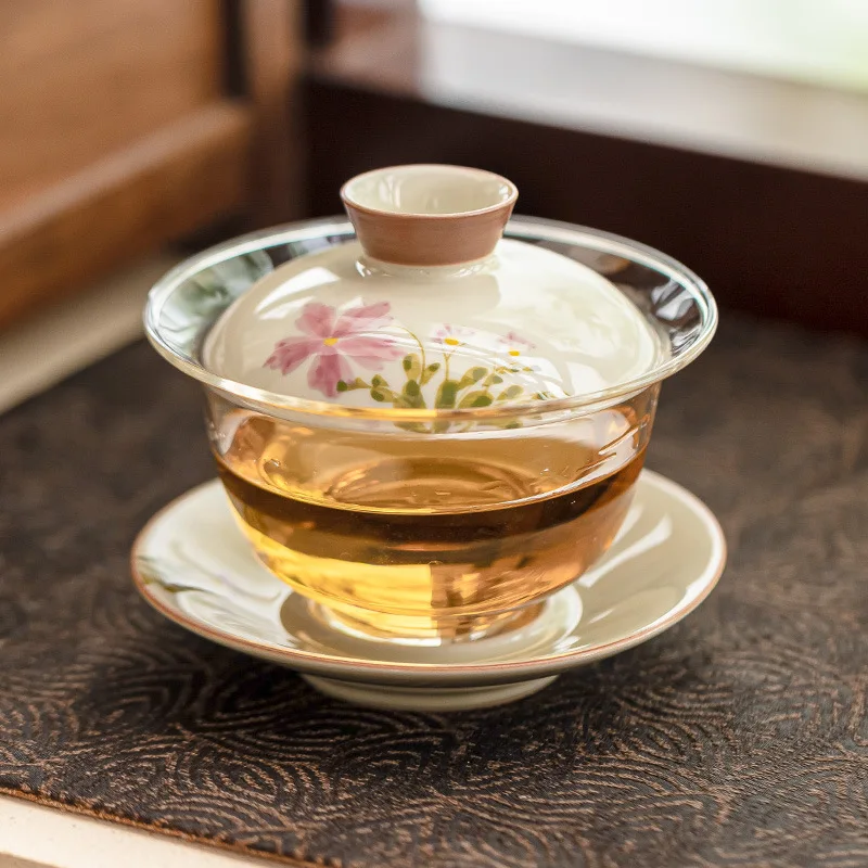 

Hand-painted Daisy Gaiwan Sancai Glass Tea Tureen Ceramic Covered Bowl Chinese Kung Fu Tea Set Household Teaware Teacup with Lid