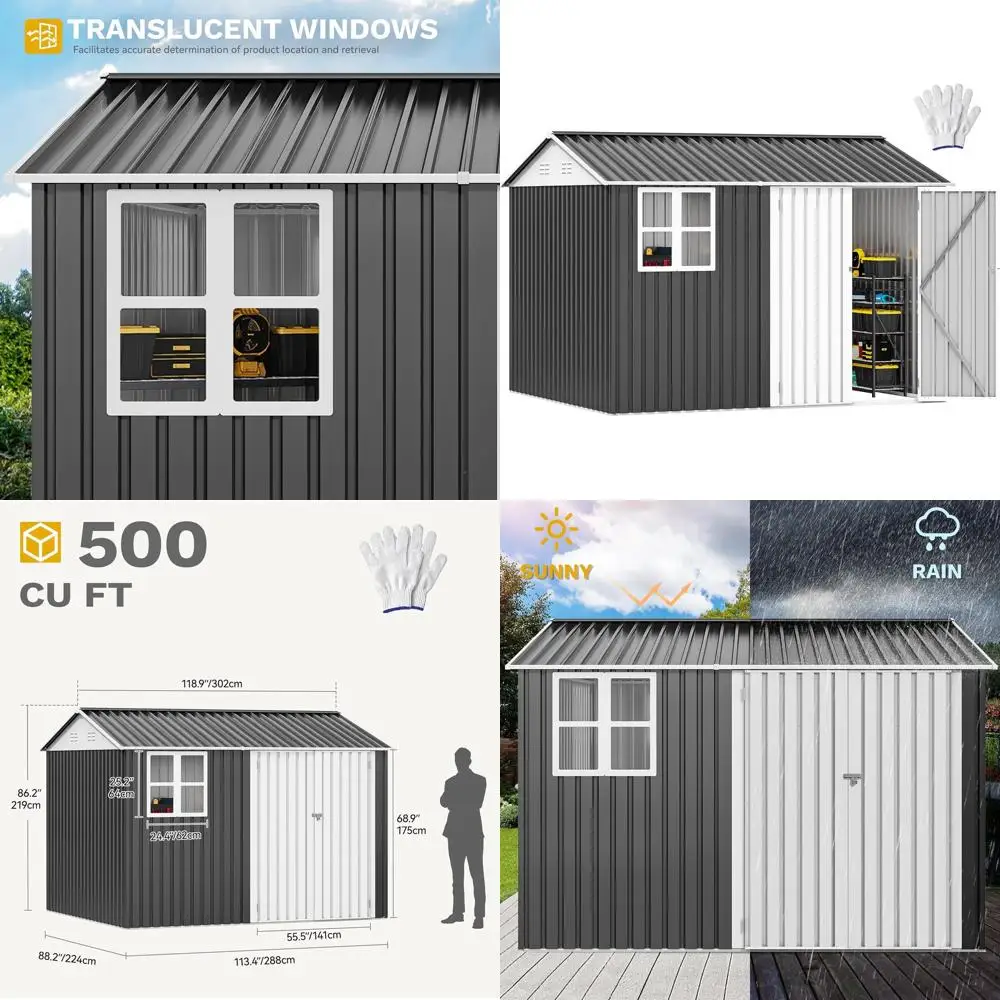 

Всепогодный металлический навес для улицы, 10x8 футов, с окнами, запираемой дверью, наклонной крышей, идеально подходит для сада, газона, инструментов, велосипедов и пе