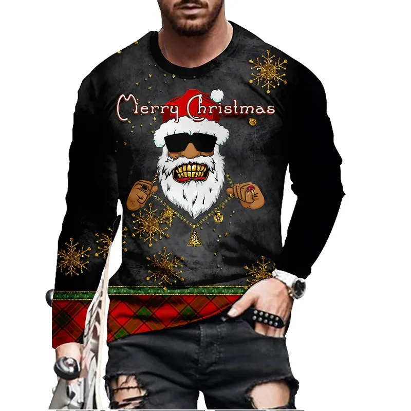 2023 New Christmas Man\'s Round neck long sleeves T-shirt 3D print fallow fashion top Sweatshirt tee Men\'s clothing