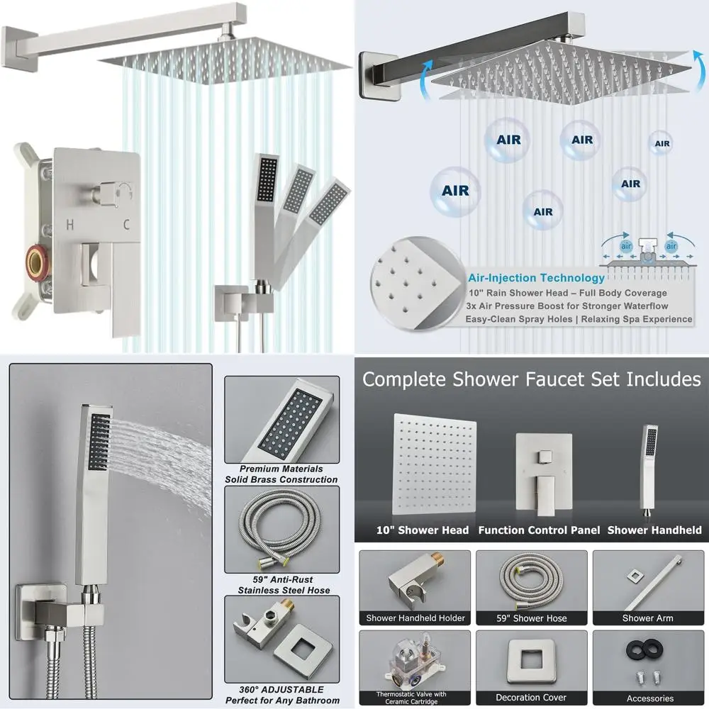 

Complete Shower System with 10 Rain Shower Head and Handheld Combo, Brass Valve and Trim Included, Brushed Nickel Finish