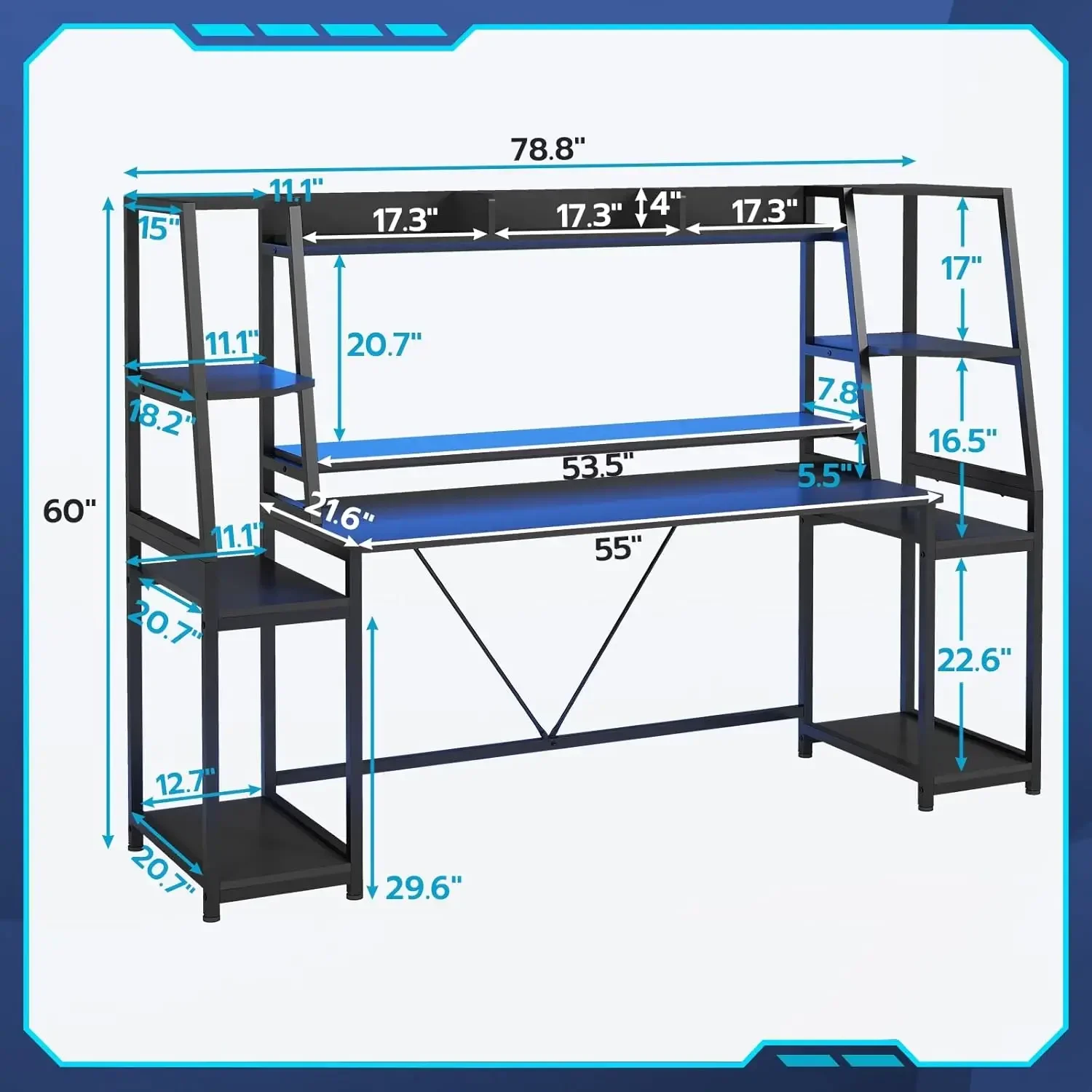 Gaming Desk 78.8'' with LED Lights, Hutch and Storage Shelves, Computer Desk with Monitor Stand