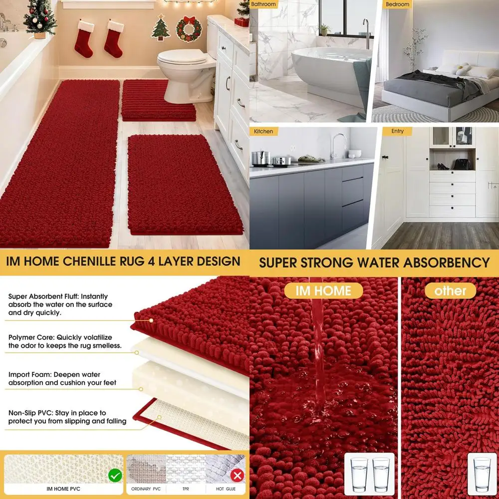 

Extra Large Red Bathroom Rug Set: 3 Piece Soft, Thick Absorbent Mats with Non-Slip Chenille Toilet Mat for Home Use