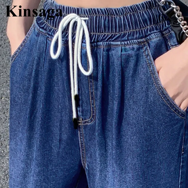 Mujer calle pierna ancha hasta el tobillo Jogger Jeans mamá 4XL verano holgado novio Capri cordón cintura elástica Denim Harem pantalones