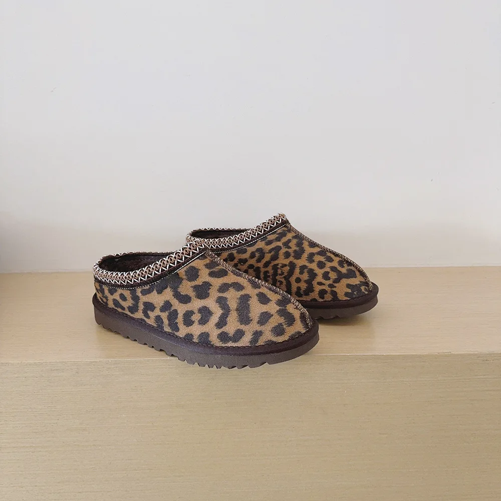 

Women's leather flat boots winter warm snow boots ethnic style leopard print snow cotton shoes
