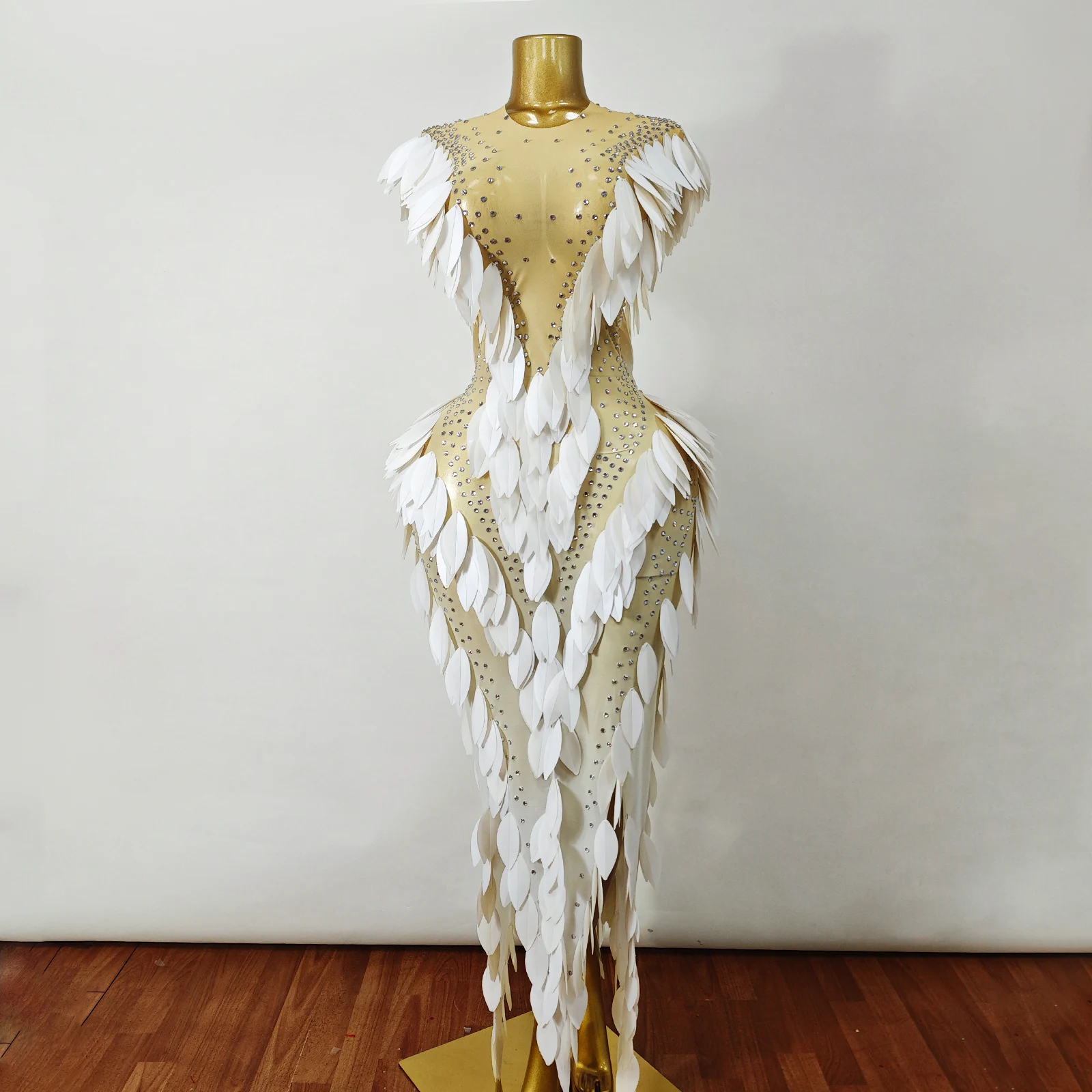 White Leaf Sequin Nude Sheer Rhinestone Dress Sleeveless Bodycon Maxi Gown Birthday Cocktail Drag Queen Stage Showgirl Outfit