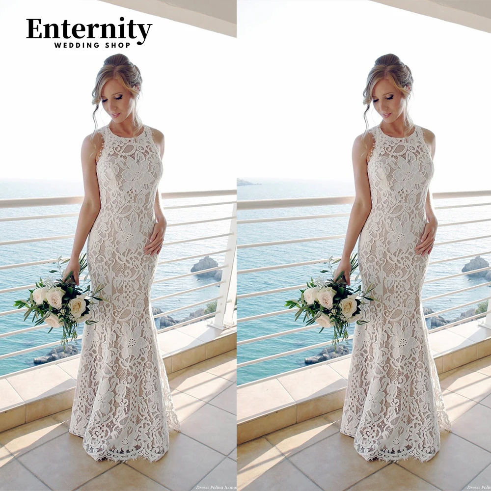 

Boho Mermaid Wedding Dresses For Bride Chic Halter Neck Vestidos De Novia Appliques Bridal Dresses Lace Backless Bridal Gown