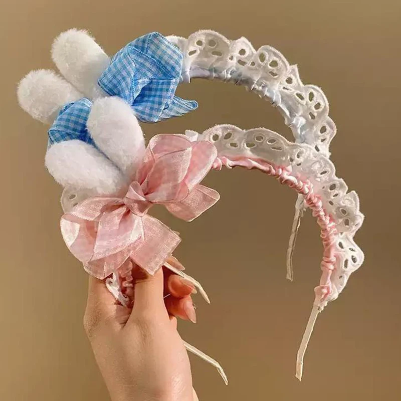 Blue Pink Cute Rabbit Ear Bowknot Hair Hoop Women's Maid KC Lolita Hair Accessory Hairwear Hairband Washing Face Hair Holding