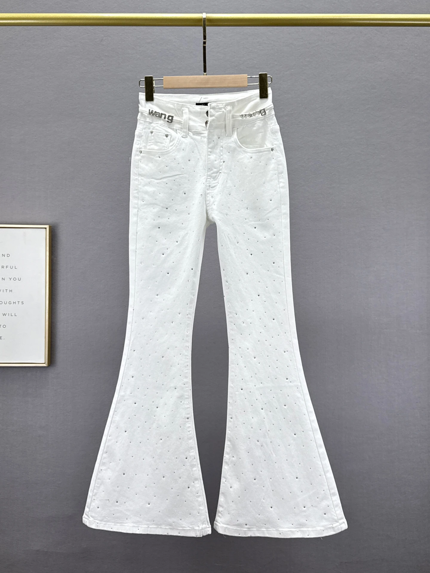 

White Denim Flared Pants Women's Trendy High Waist Slim Fit Elastic Spring New Sle European Goods Iron Diamond Long Trousers