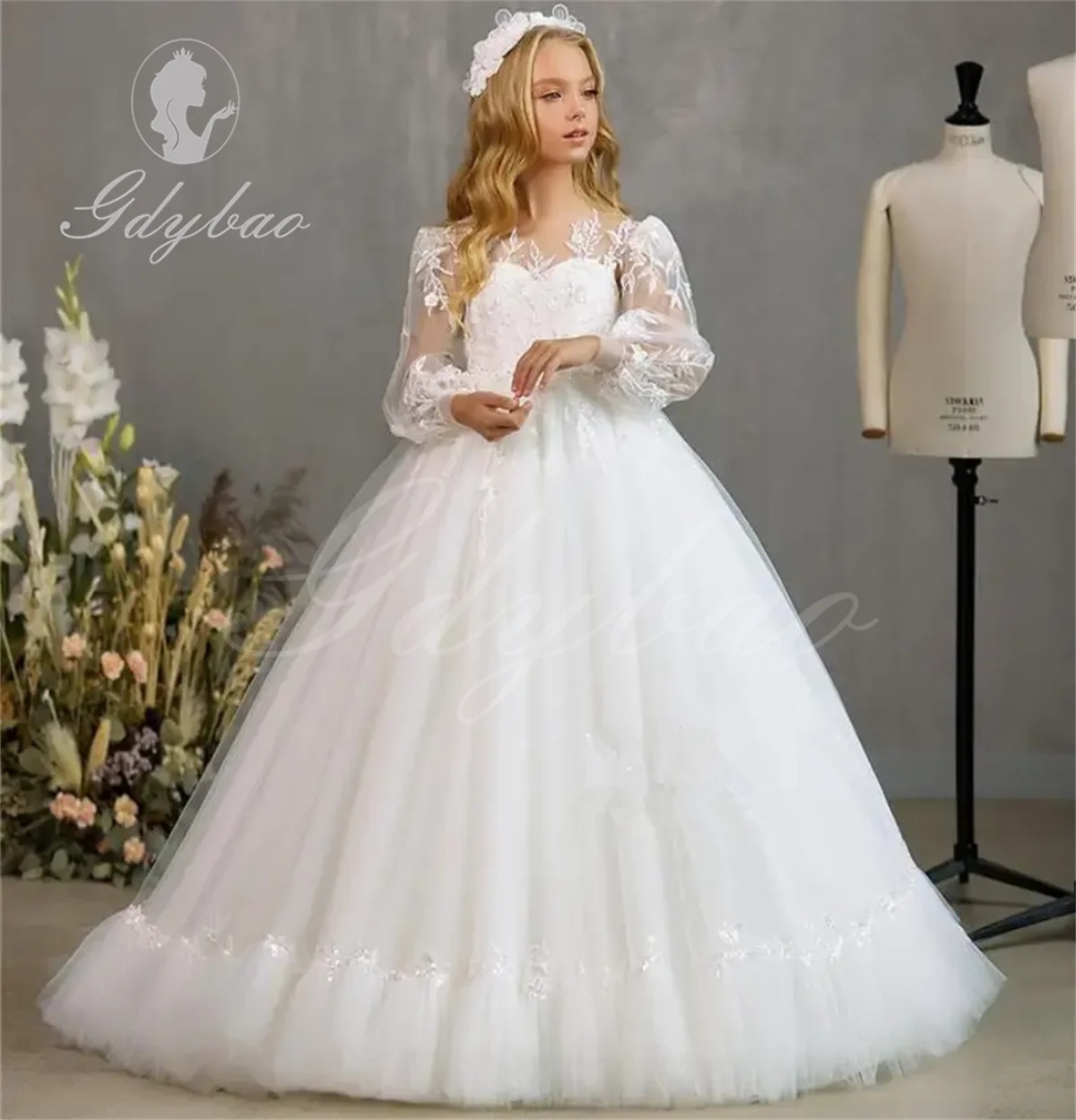 

Lace Tulle Long Sleeves Flower Girl Dress for Special Occasion Bridesmaid Party Wedding Pageant Photoshoot Christmas