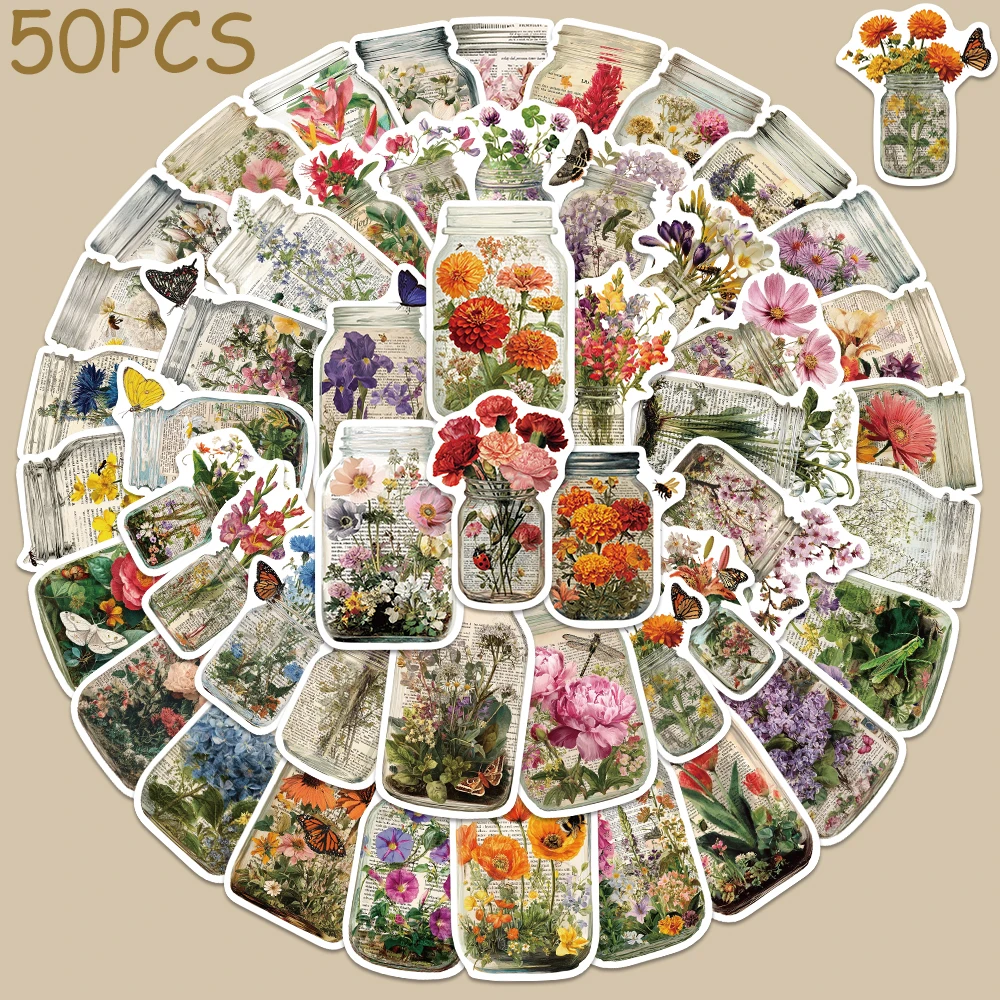 

50pcs Vintage Flowers Stickers Decals For Phone Laptop Scrapbook Suitcase DIY Aesthetic Waterproof Stickers Creative Gifts