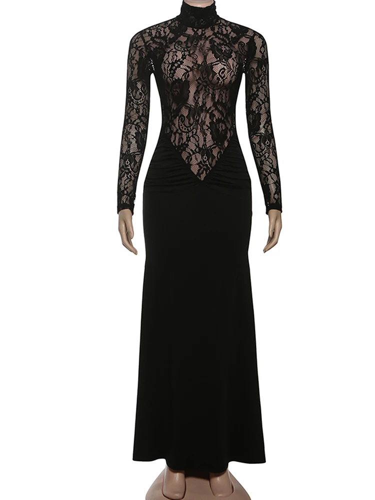 Cutenew Coltrui Kant Patchwork Jurk Vrouwen Trend Volledige Mouw Skinny Plooien Rits Sexy Middernacht Mode Prom Party Vestidos