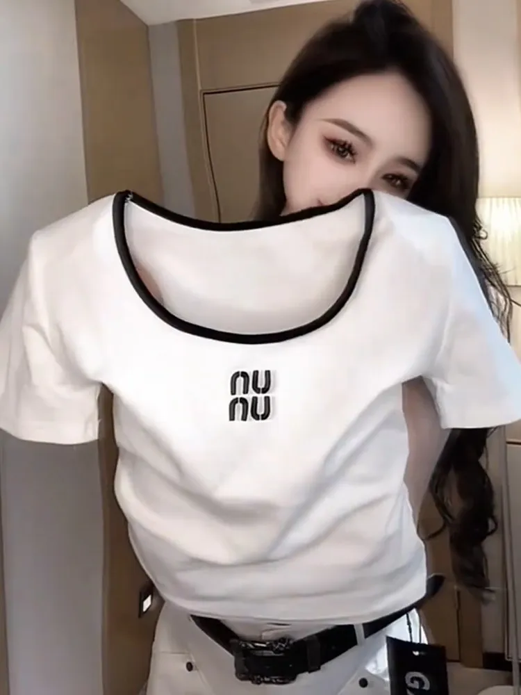 Summer 2026 Women's Slim Fit Short Sleeve T-Shirt U-Neck Letter Fashion Hollow out Casual Style Top Ladies' Premium Quality