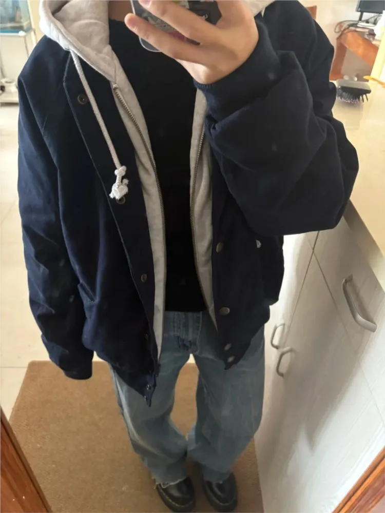 

Vintage Fake Two Piece Loose Hoodie Jacket Women New Cotton Thick Warm Drawstring Coat Top Fashion Streetwear Chic Outerwear Y2K