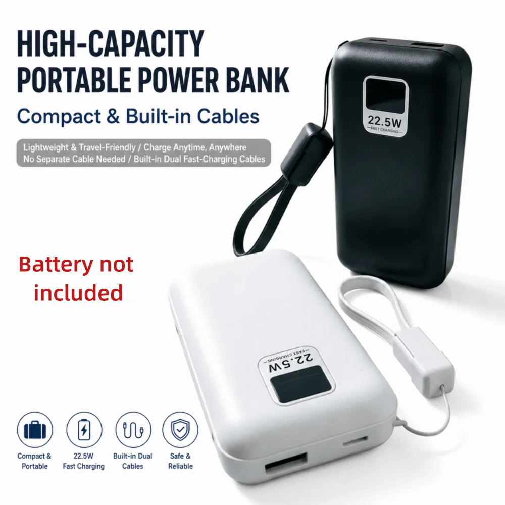 For 2pcs 21700 Batteries Power Bank Case Detachable Empty Battery Housing Shell Portable Charger Case (Batteries Not Included)