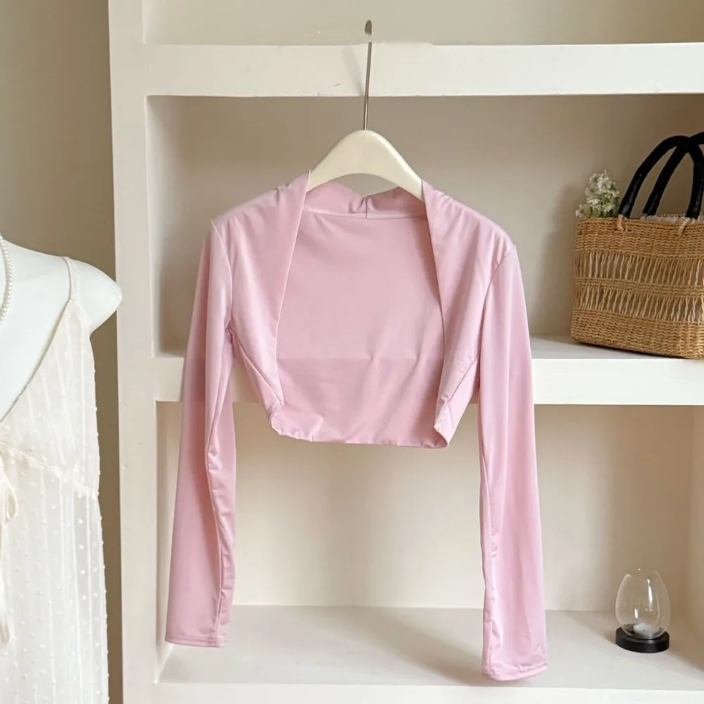 

Ультратонкий укороченный топ с длинными рукавами, быстросохнущий, с защитой от УФ-излучения, из ледяного шелка, однотонная короткая блузка, солнцезащитные нарукавники, летние