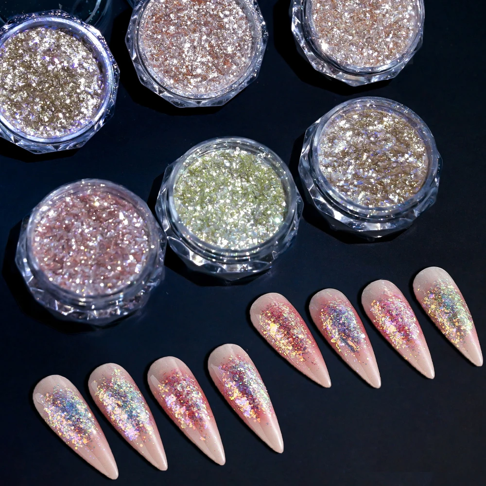 6Jars/Set Reflective Opal Nail Glitter Powder Iridescent Irregular Nails Flakes Shiny Pigment Dust Micro Drill Nails Decorations