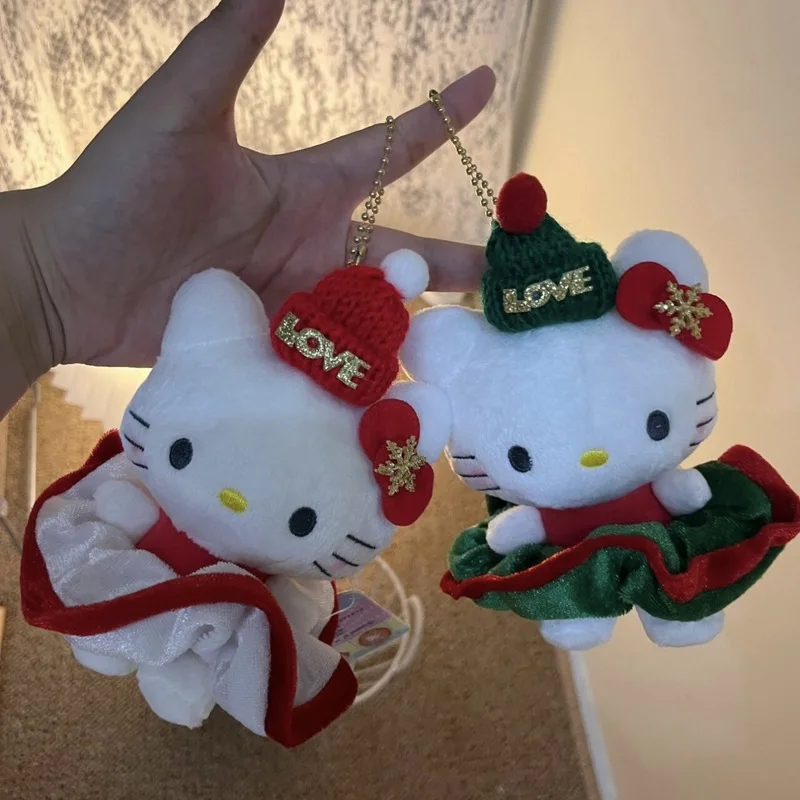 Porte-clés en peluche chaton mignon, rouge vert, Style de noël, poupée en peluche, sac à dos, chaîne suspendue, décoration d'ambiance de noël, cadeau