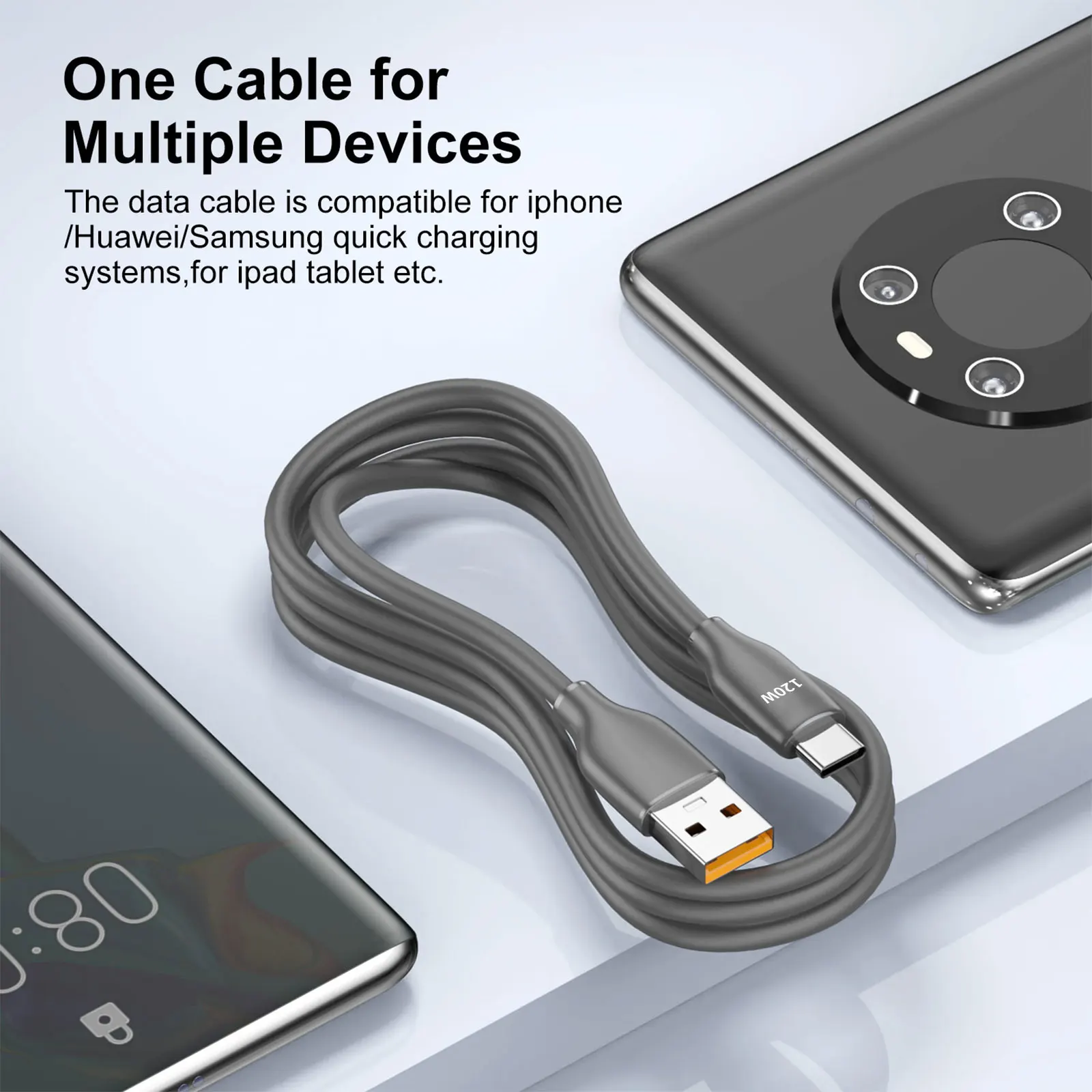 كابل USB إلى النوع C بقدرة 120 وات، كابل بيانات 1 متر/1.5 متر/2 متر، شحن سريع ونقل البيانات، متوافق مع هاتف Huawei Xiaomi Samsung